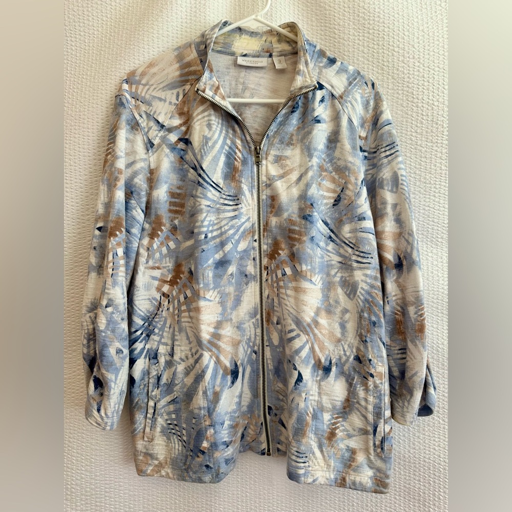 CHICO’S Weekends Blue Brown Leaf Print Full Zip Jacket Women’s XL Chico’s Size 3
